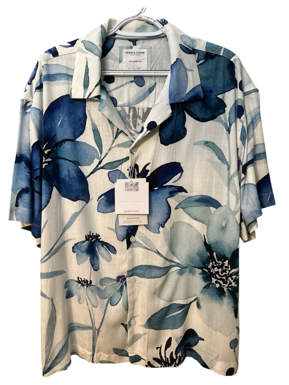Denim & Flower Men’s Blue Floral Short-Sleeve Shirt Size L